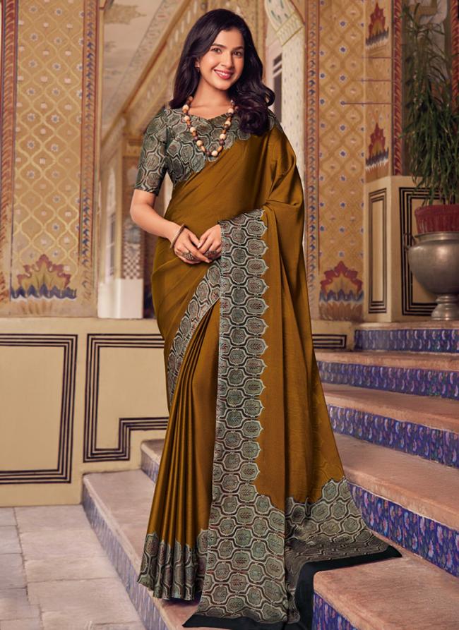 Chiffon Dark Mustard Traditional Wear Printed Saree